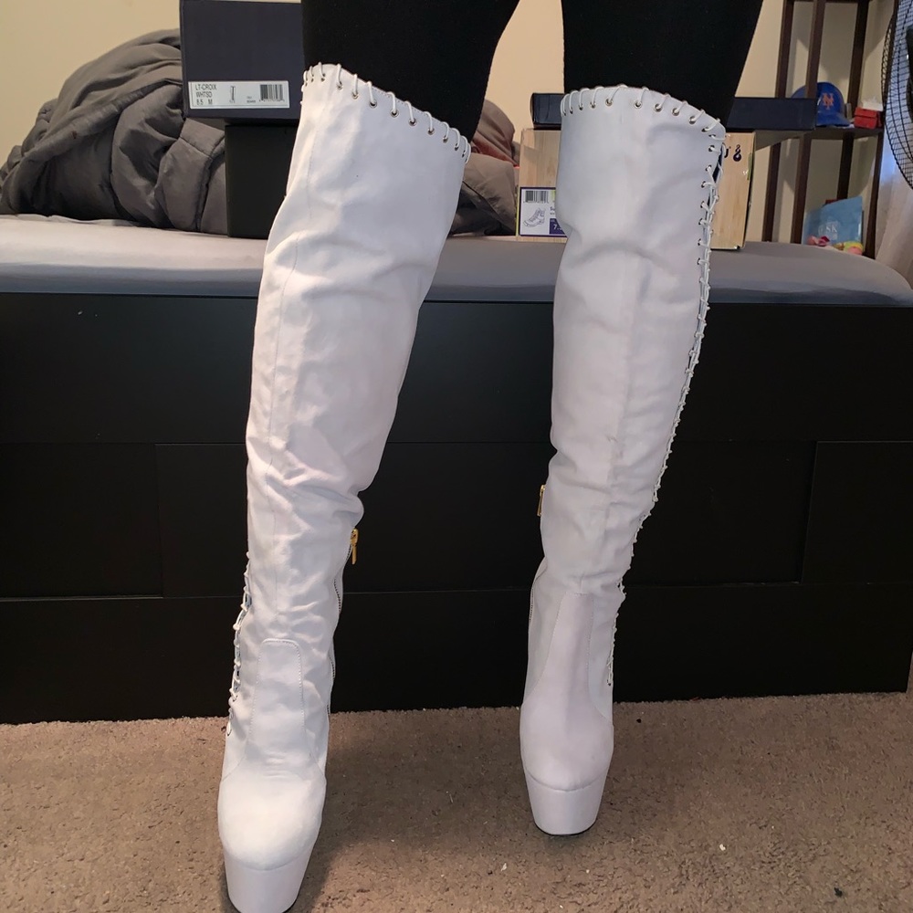 Heather gray over the knee faux suede boots